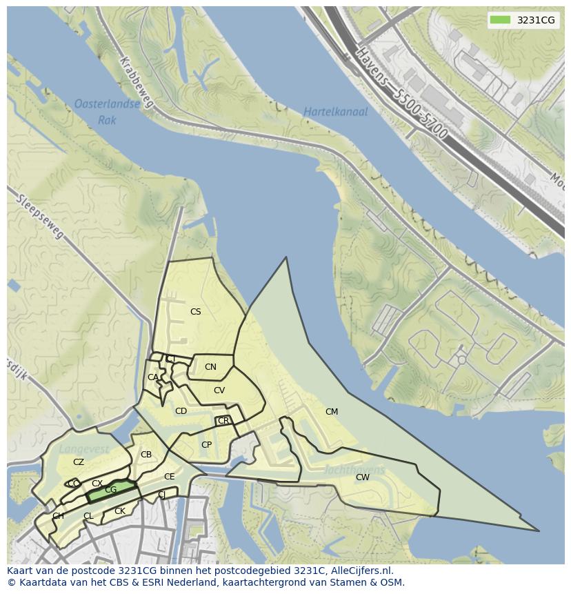 Afbeelding van het postcodegebied 3231 CG op de kaart.