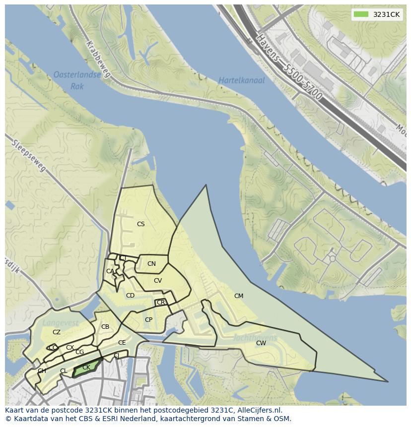Afbeelding van het postcodegebied 3231 CK op de kaart.