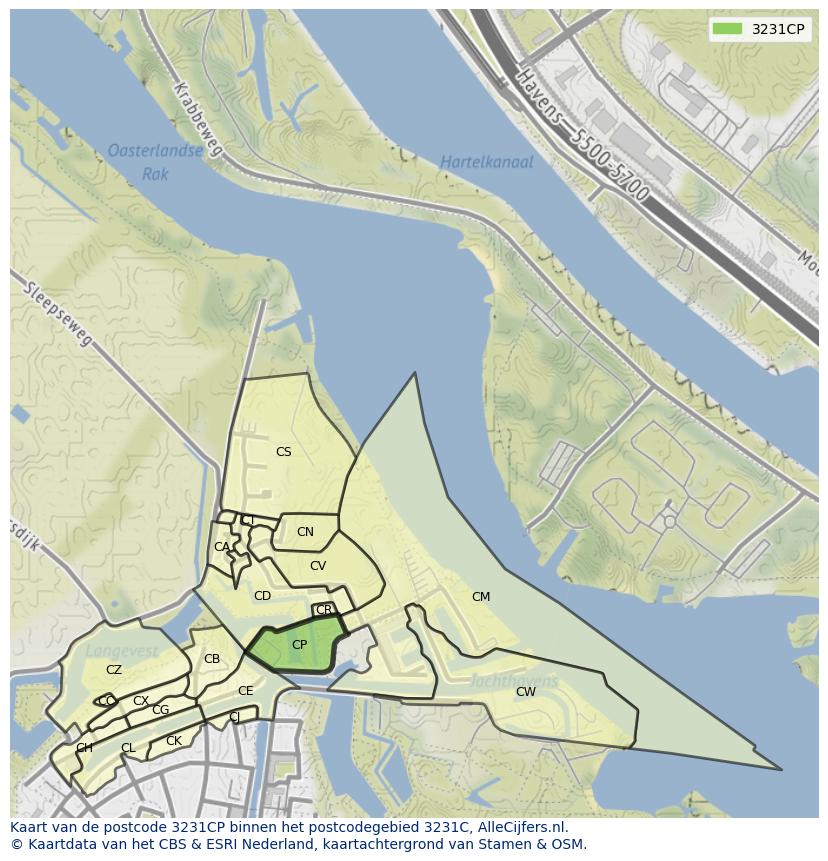 Afbeelding van het postcodegebied 3231 CP op de kaart.