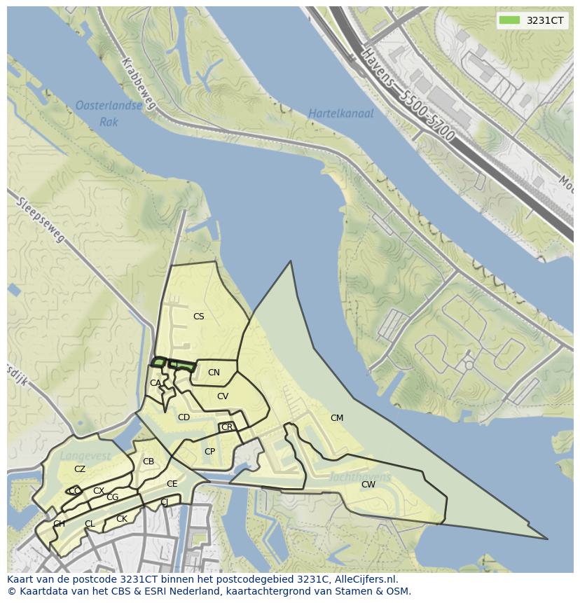 Afbeelding van het postcodegebied 3231 CT op de kaart.