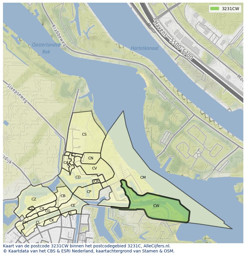 Afbeelding van het postcodegebied 3231 CW op de kaart.