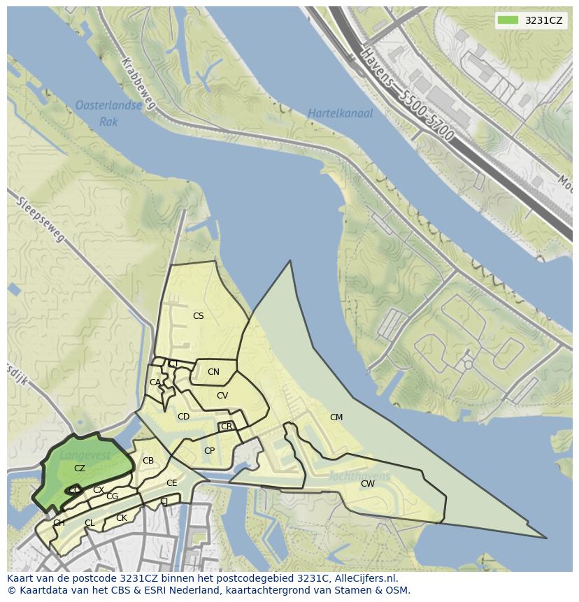 Afbeelding van het postcodegebied 3231 CZ op de kaart.