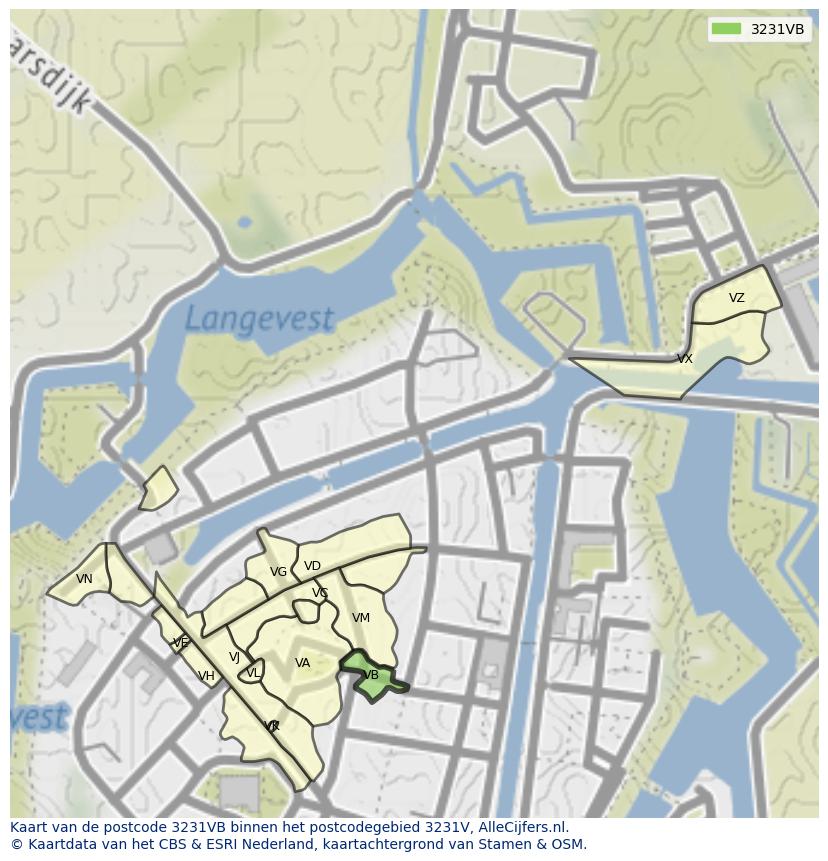 Afbeelding van het postcodegebied 3231 VB op de kaart.