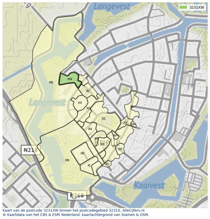 Afbeelding van het postcodegebied 3231 XW op de kaart.