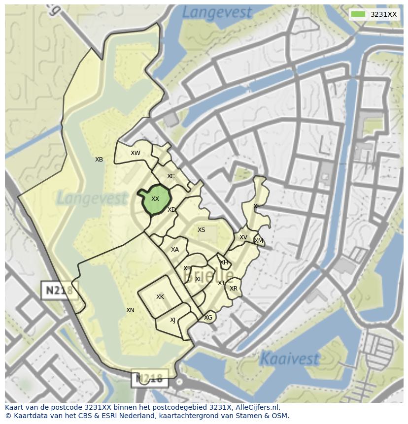 Afbeelding van het postcodegebied 3231 XX op de kaart.
