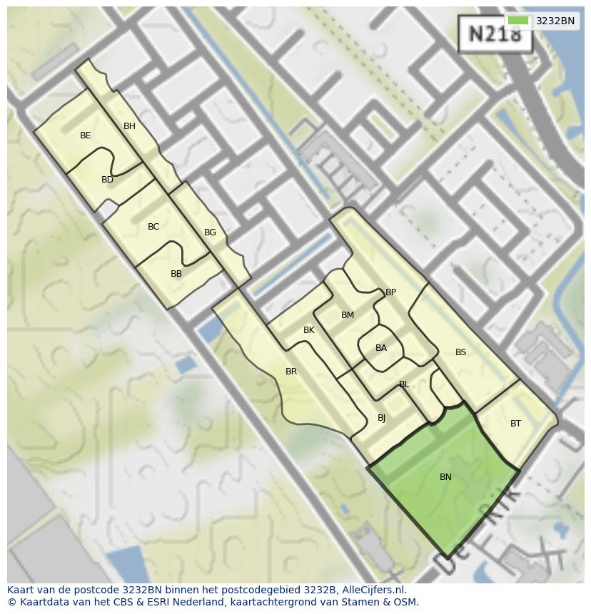 Afbeelding van het postcodegebied 3232 BN op de kaart.