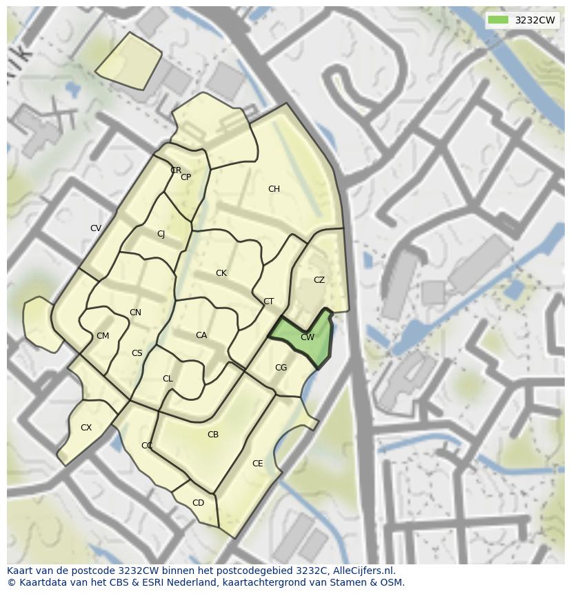 Afbeelding van het postcodegebied 3232 CW op de kaart.