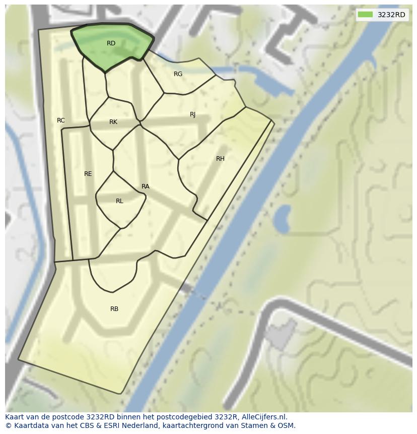 Afbeelding van het postcodegebied 3232 RD op de kaart.