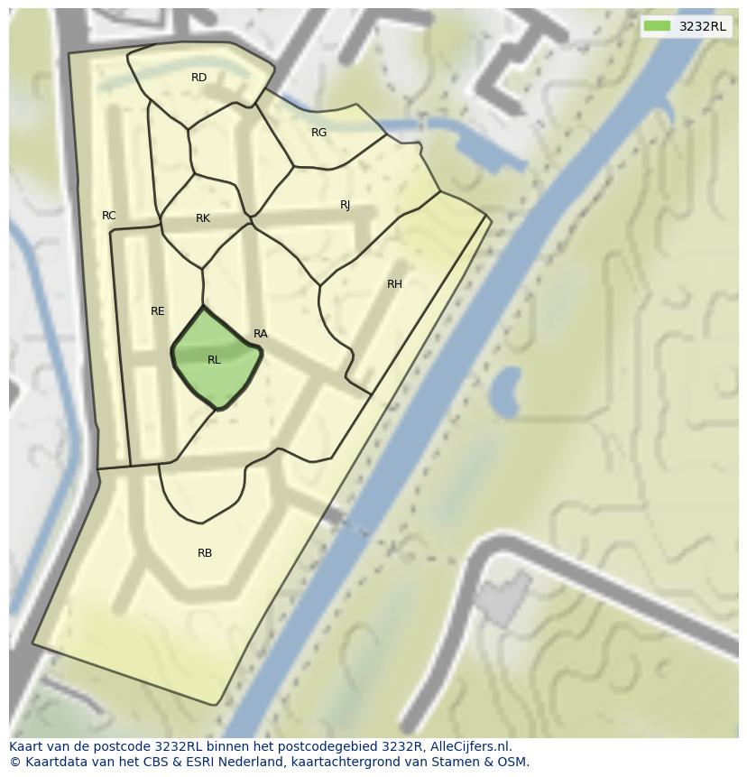 Afbeelding van het postcodegebied 3232 RL op de kaart.