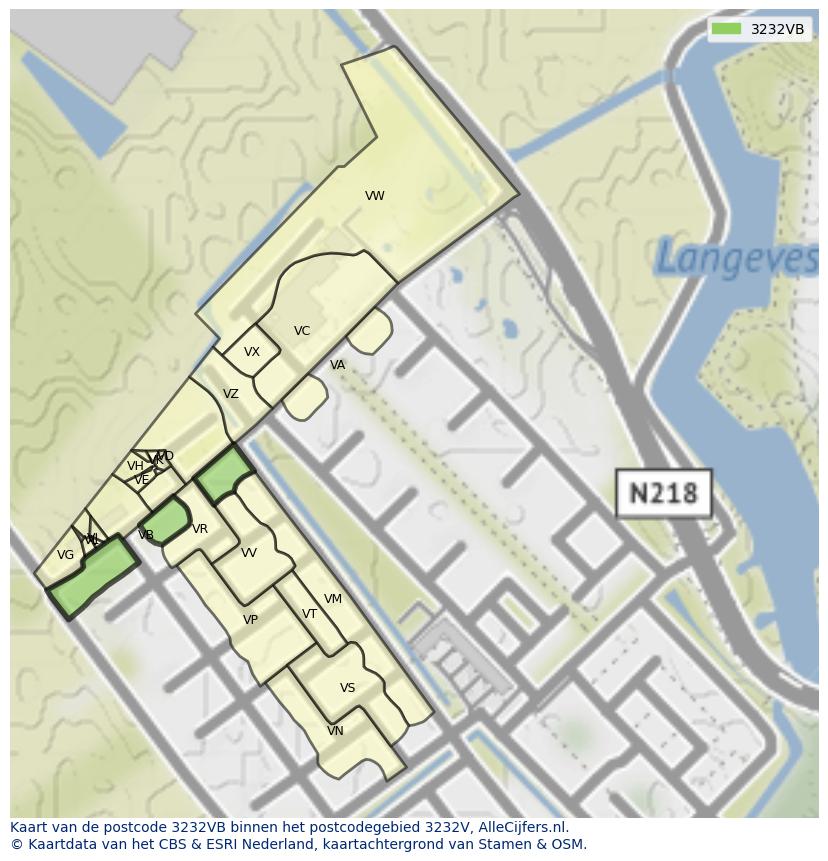 Afbeelding van het postcodegebied 3232 VB op de kaart.