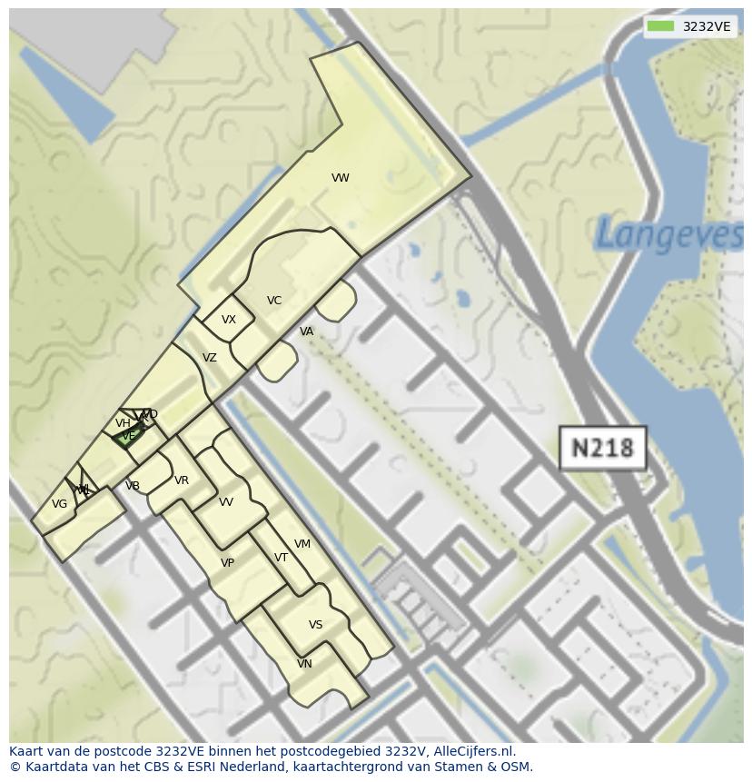 Afbeelding van het postcodegebied 3232 VE op de kaart.