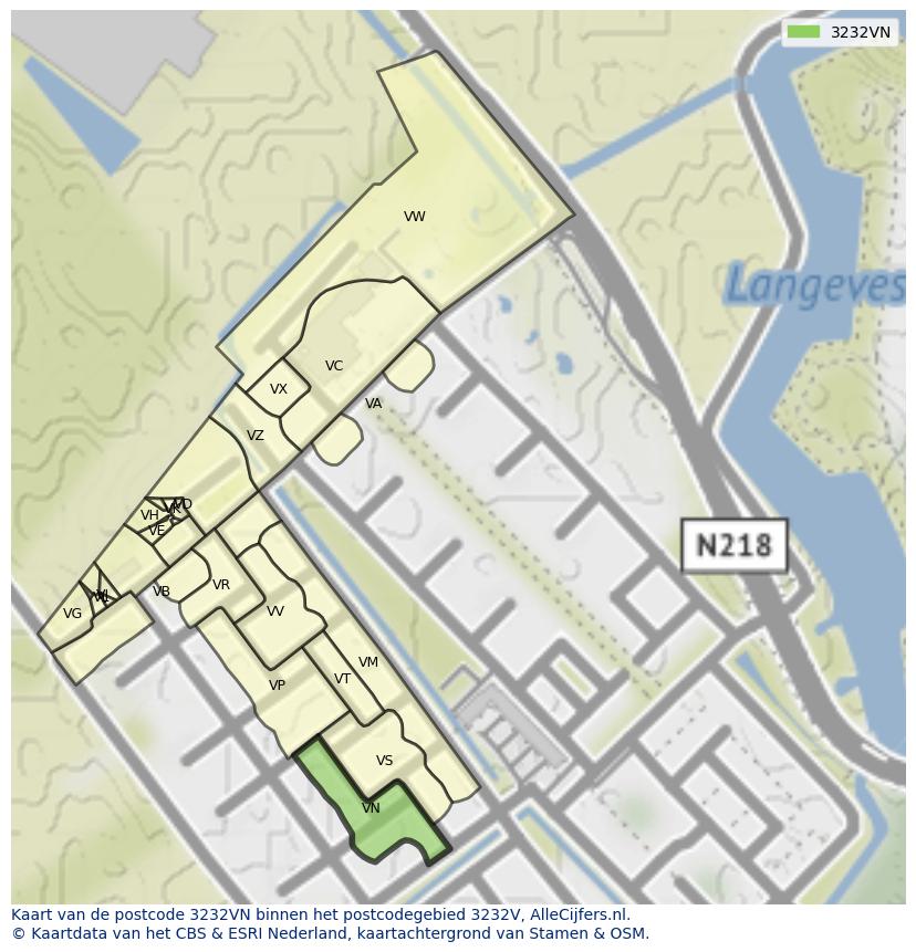 Afbeelding van het postcodegebied 3232 VN op de kaart.