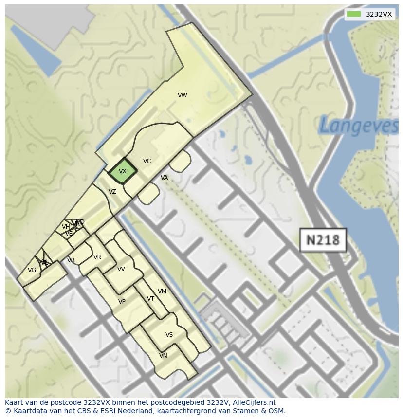 Afbeelding van het postcodegebied 3232 VX op de kaart.