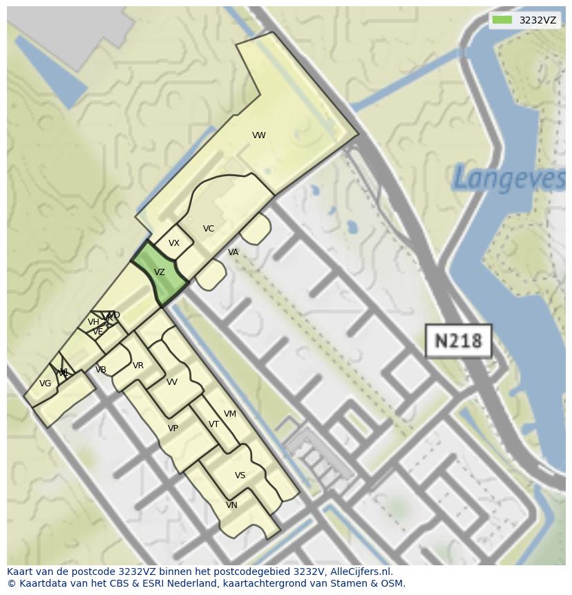 Afbeelding van het postcodegebied 3232 VZ op de kaart.