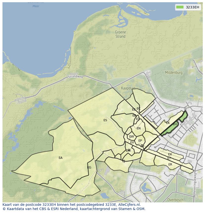 Afbeelding van het postcodegebied 3233 EH op de kaart.