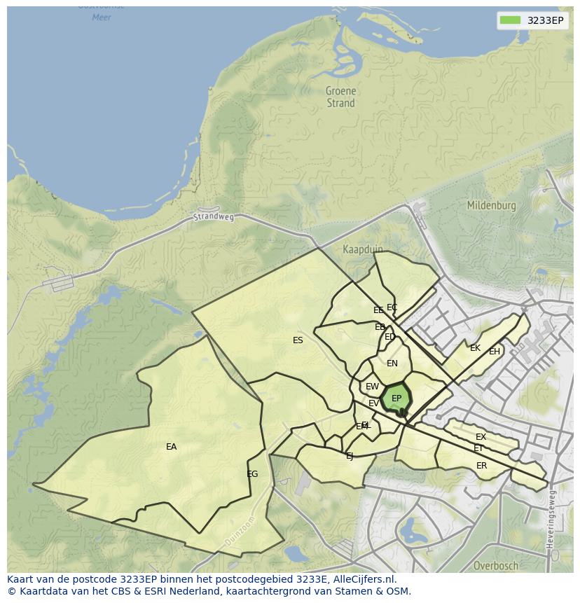 Afbeelding van het postcodegebied 3233 EP op de kaart.