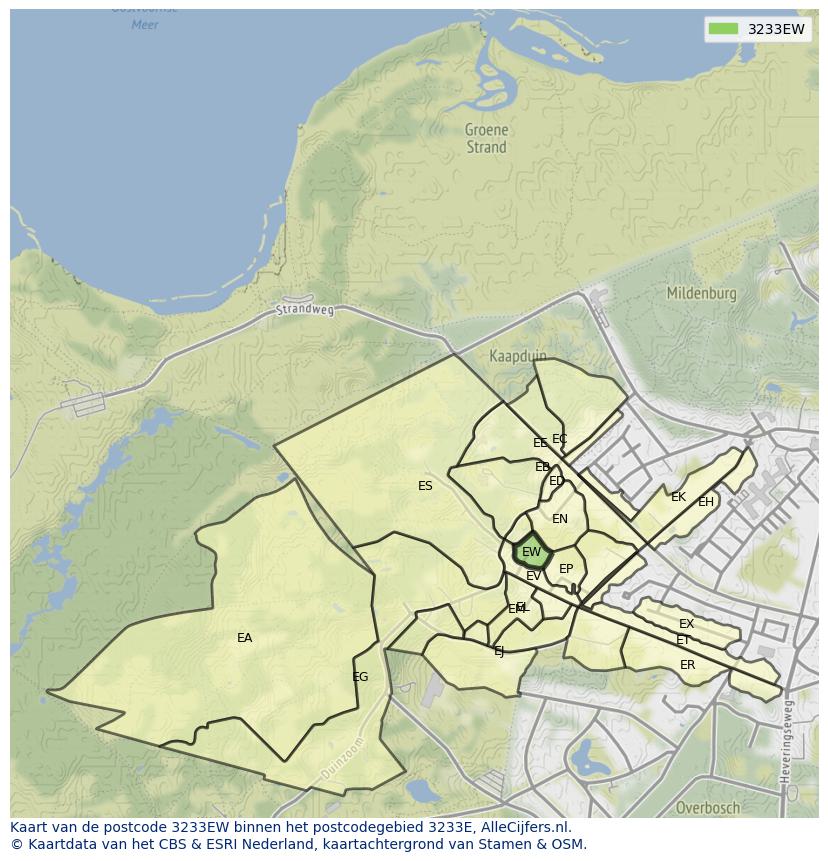 Afbeelding van het postcodegebied 3233 EW op de kaart.