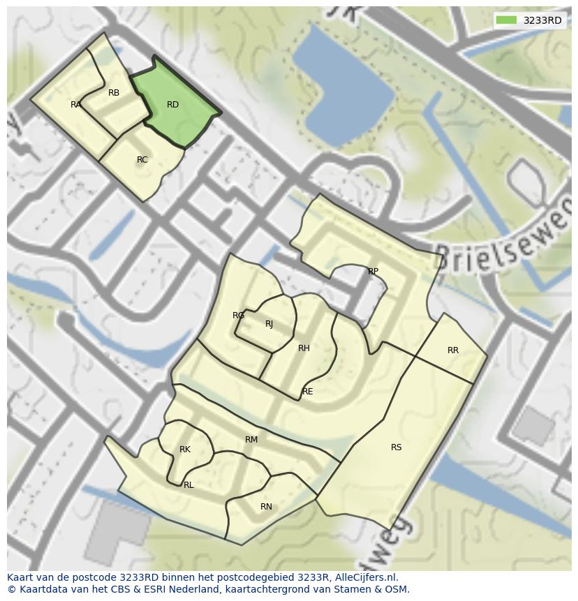 Afbeelding van het postcodegebied 3233 RD op de kaart.