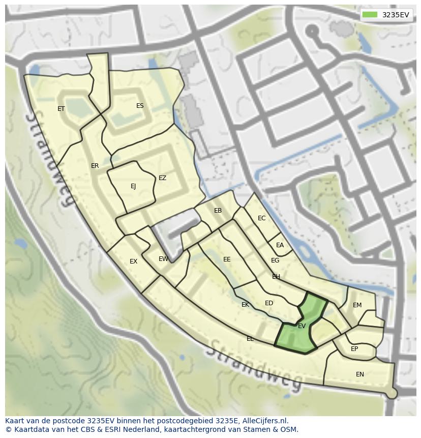 Afbeelding van het postcodegebied 3235 EV op de kaart.