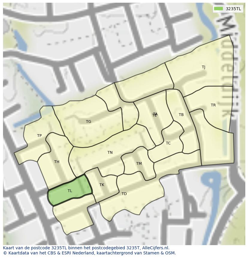 Afbeelding van het postcodegebied 3235 TL op de kaart.