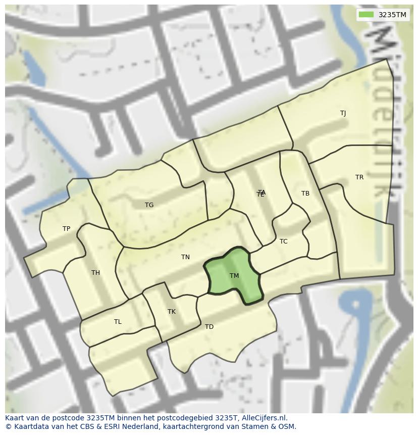 Afbeelding van het postcodegebied 3235 TM op de kaart.