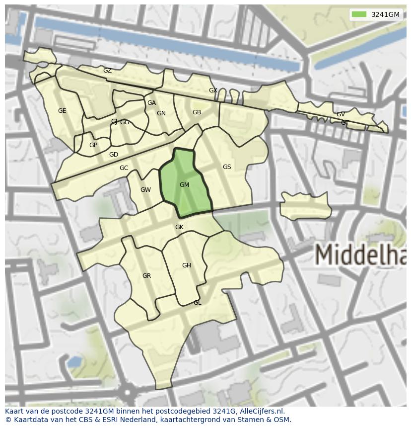 Afbeelding van het postcodegebied 3241 GM op de kaart.