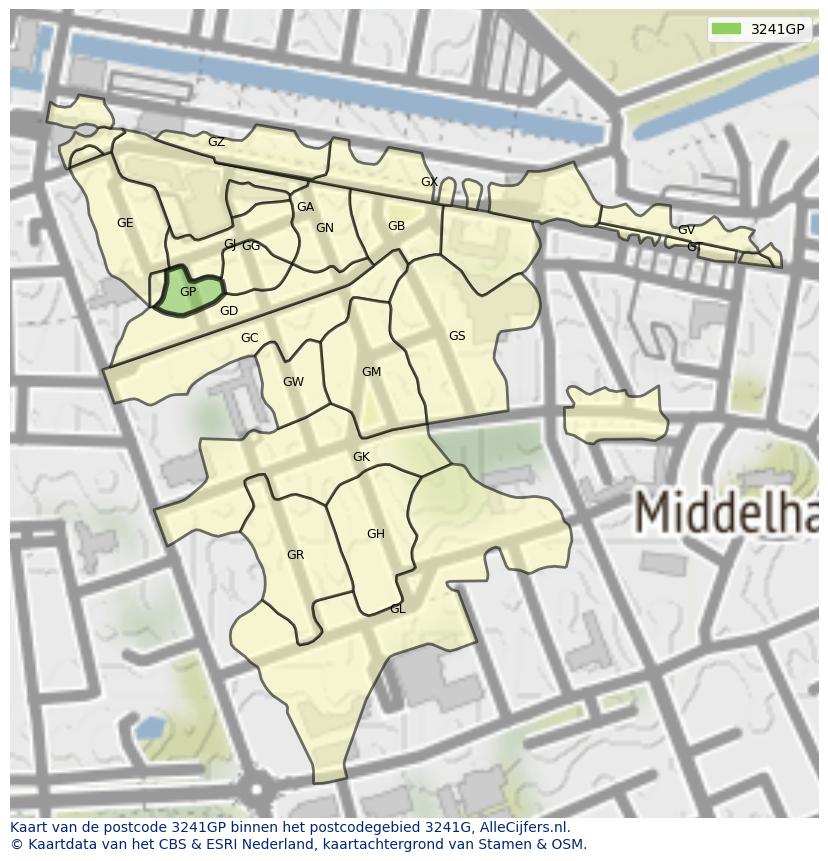 Afbeelding van het postcodegebied 3241 GP op de kaart.