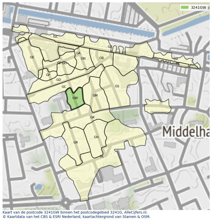 Afbeelding van het postcodegebied 3241 GW op de kaart.