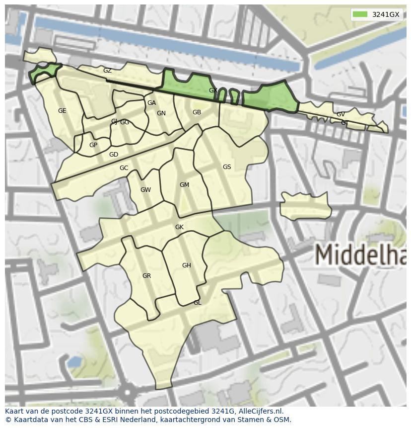Afbeelding van het postcodegebied 3241 GX op de kaart.