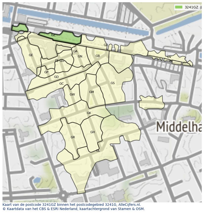 Afbeelding van het postcodegebied 3241 GZ op de kaart.