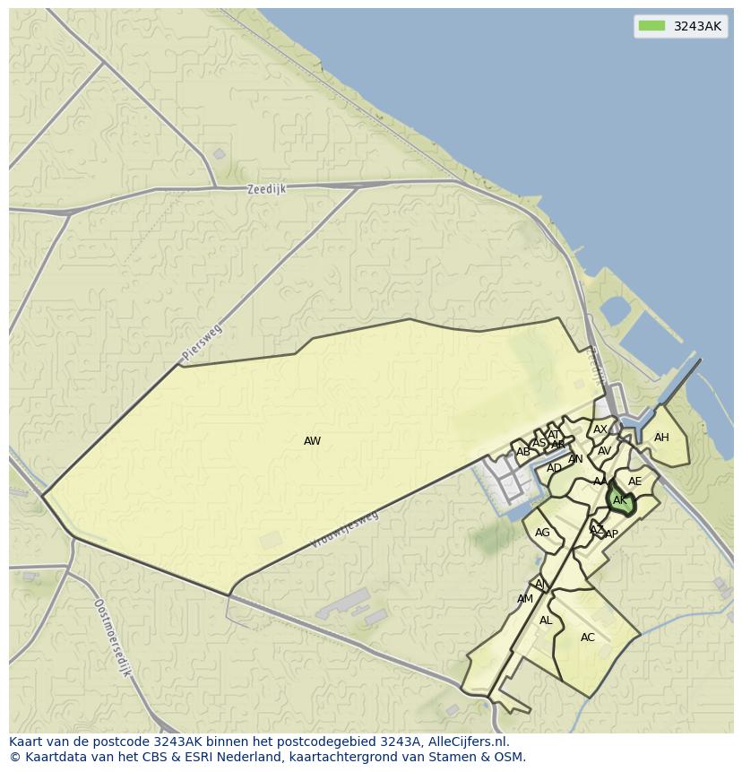 Afbeelding van het postcodegebied 3243 AK op de kaart.