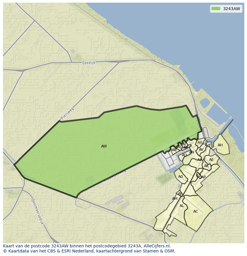 Afbeelding van het postcodegebied 3243 AW op de kaart.