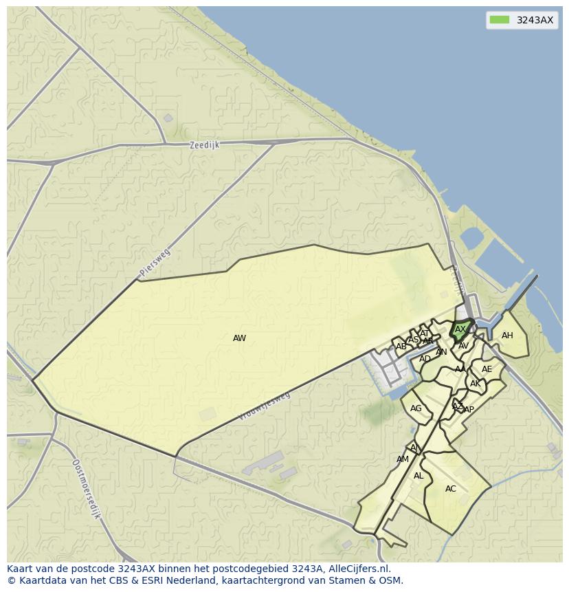 Afbeelding van het postcodegebied 3243 AX op de kaart.