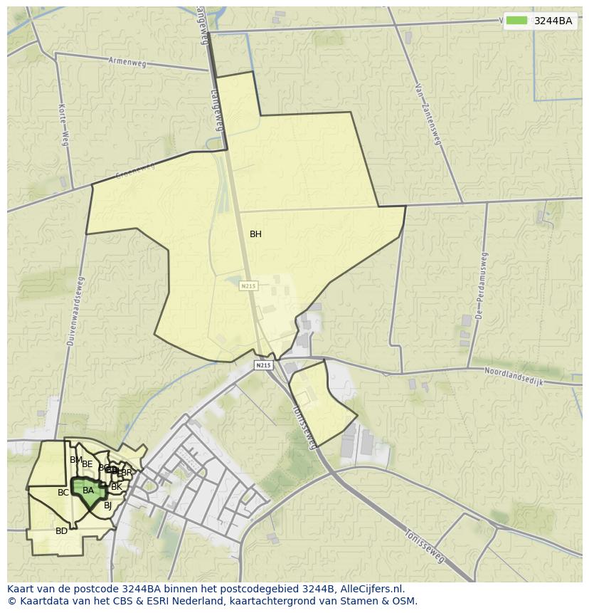 Afbeelding van het postcodegebied 3244 BA op de kaart.