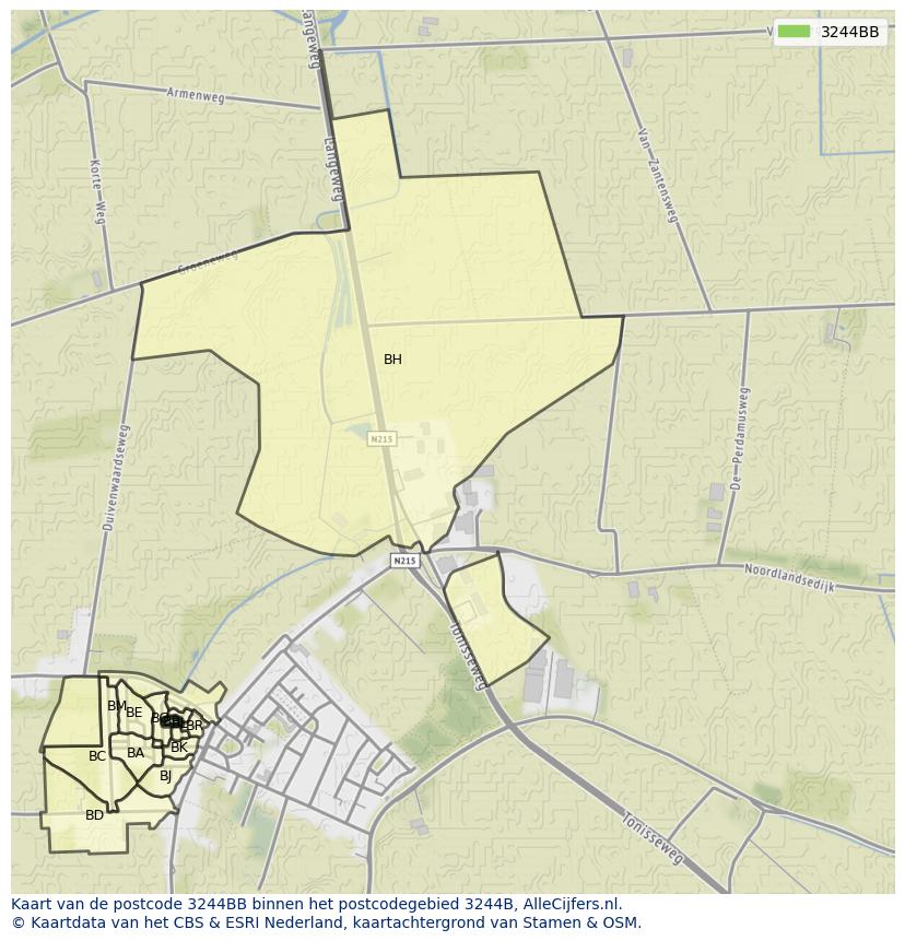 Afbeelding van het postcodegebied 3244 BB op de kaart.