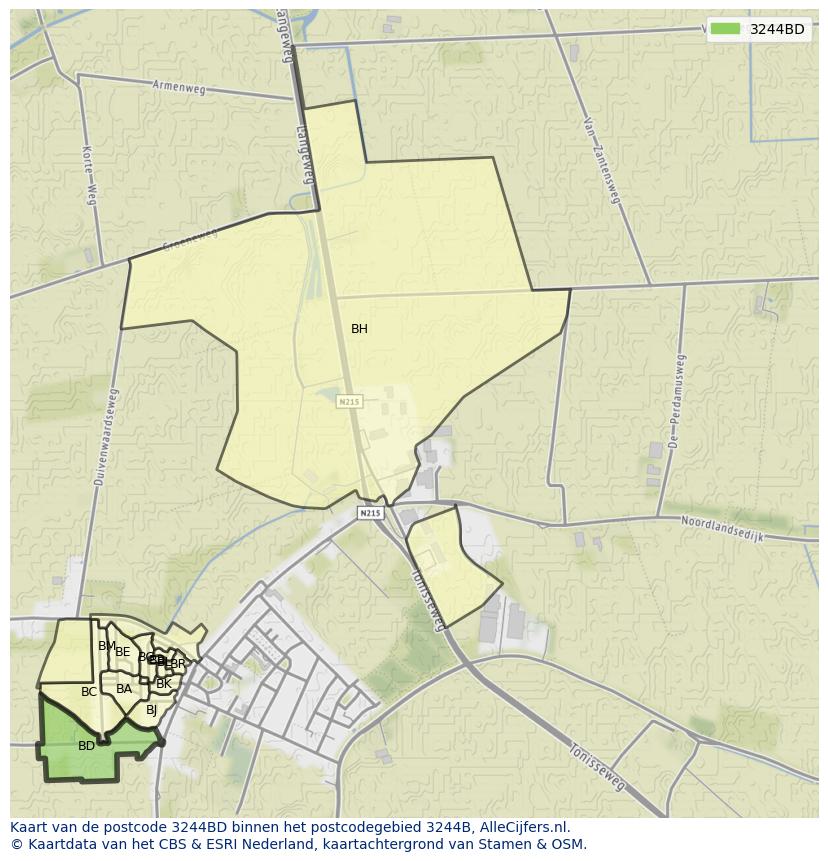 Afbeelding van het postcodegebied 3244 BD op de kaart.