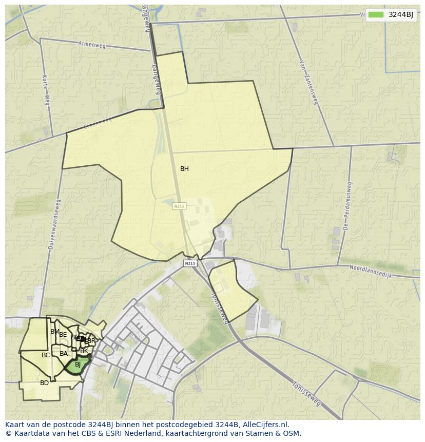 Afbeelding van het postcodegebied 3244 BJ op de kaart.