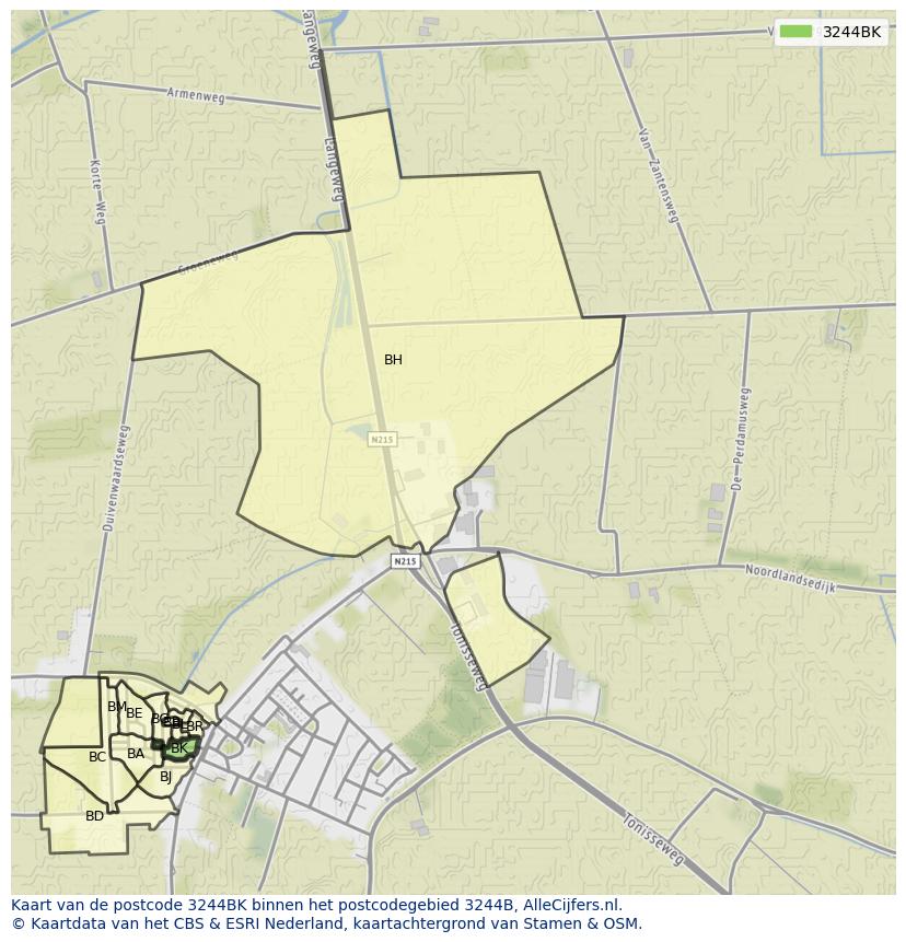 Afbeelding van het postcodegebied 3244 BK op de kaart.