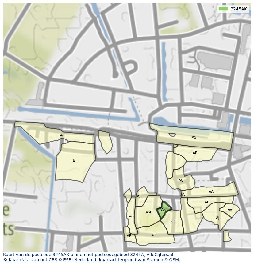 Afbeelding van het postcodegebied 3245 AK op de kaart.