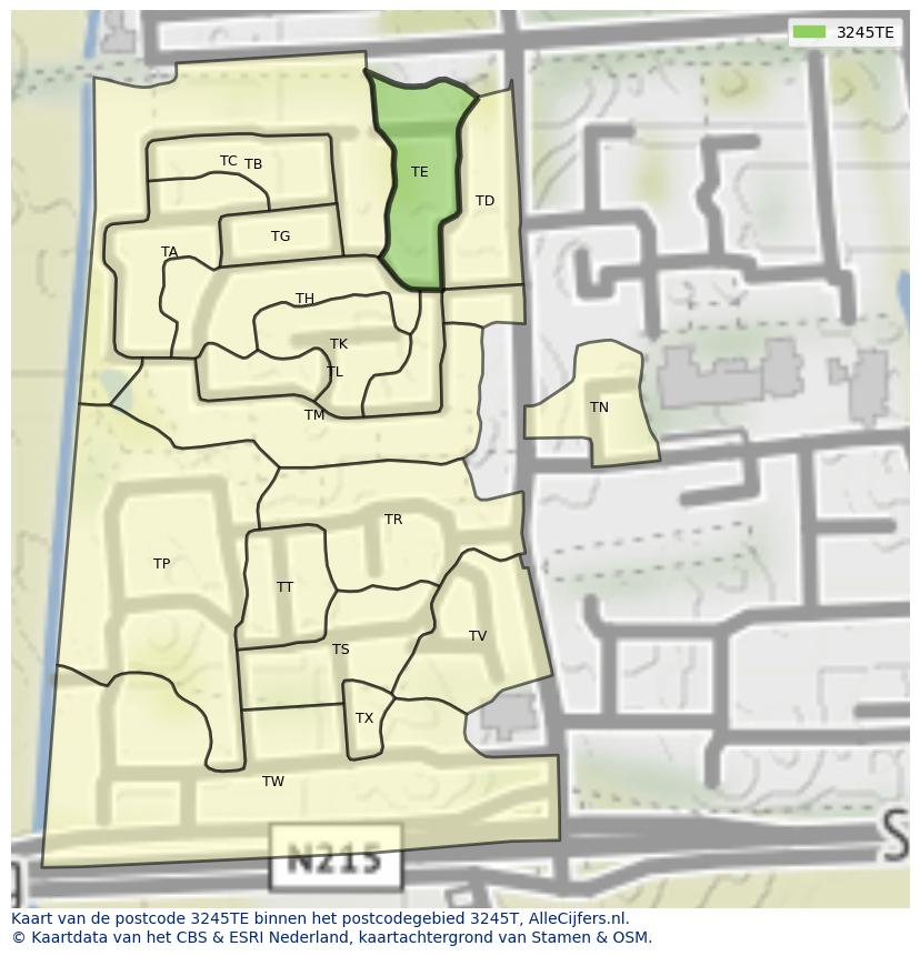 Afbeelding van het postcodegebied 3245 TE op de kaart.