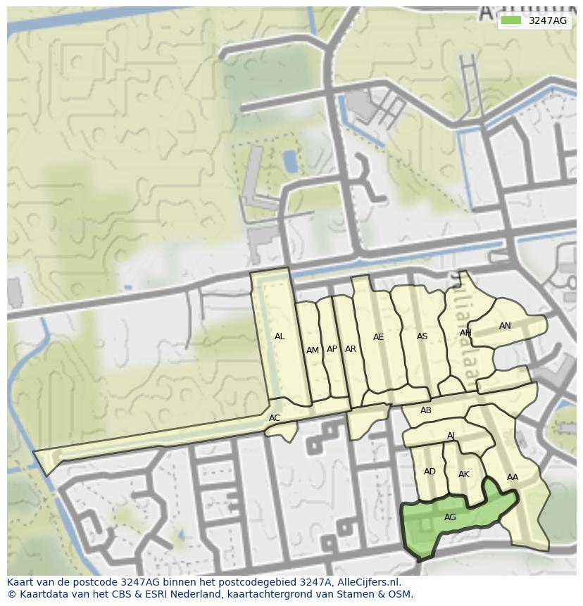 Afbeelding van het postcodegebied 3247 AG op de kaart.