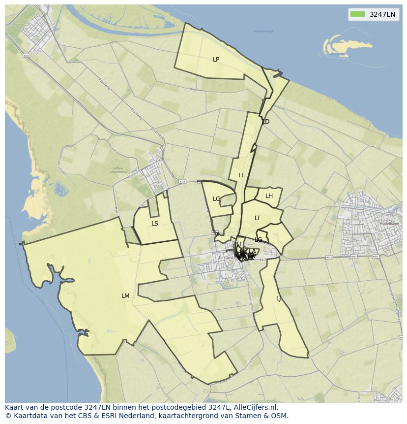 Afbeelding van het postcodegebied 3247 LN op de kaart.