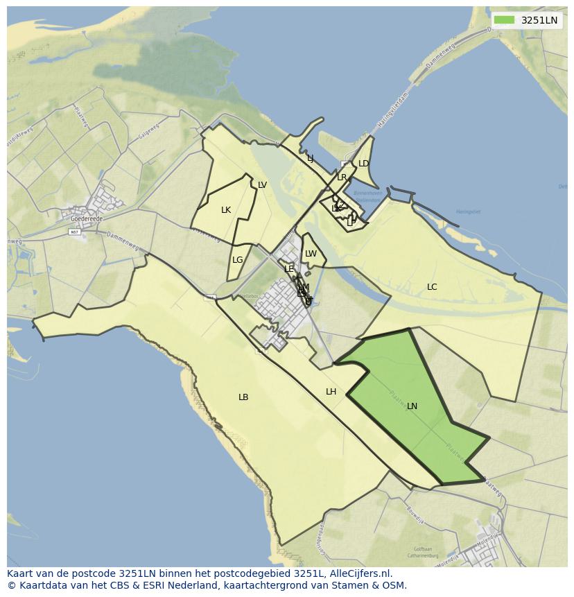 Afbeelding van het postcodegebied 3251 LN op de kaart.