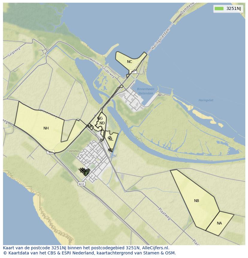 Afbeelding van het postcodegebied 3251 NJ op de kaart.