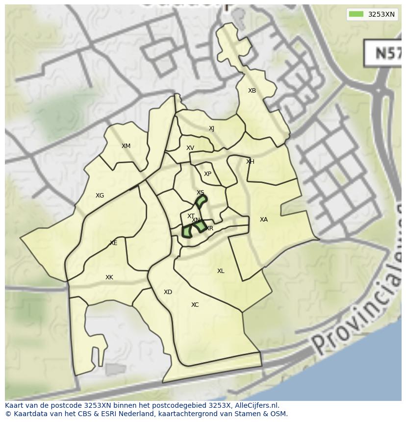 Afbeelding van het postcodegebied 3253 XN op de kaart.
