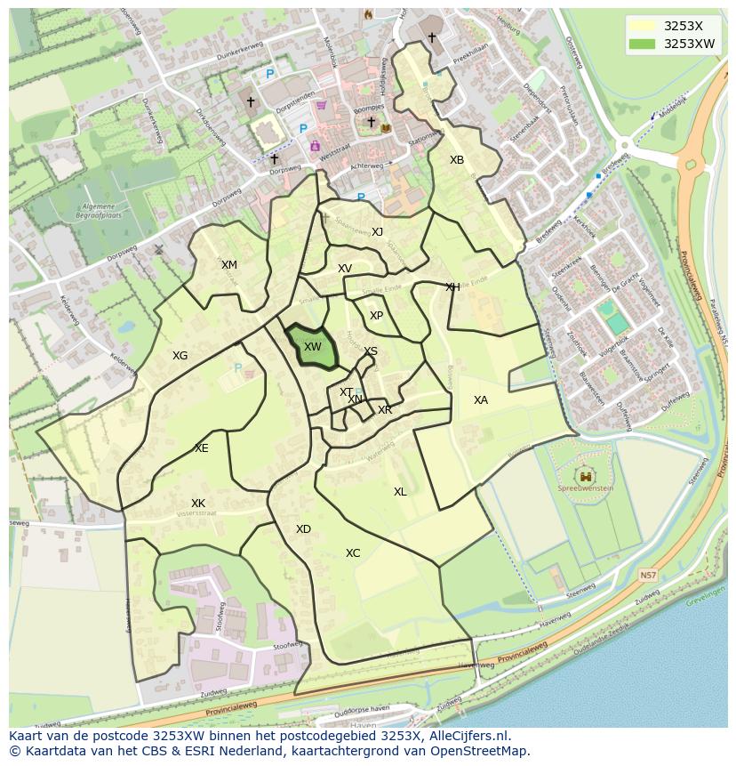 Afbeelding van het postcodegebied 3253 XW op de kaart.