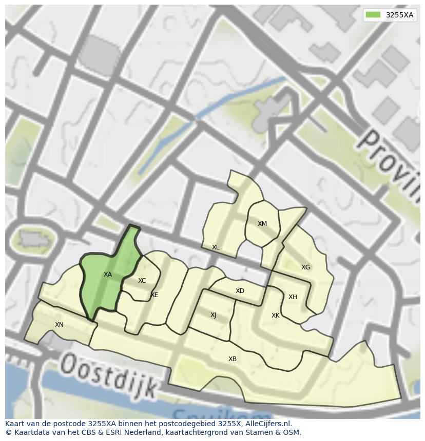 Afbeelding van het postcodegebied 3255 XA op de kaart.