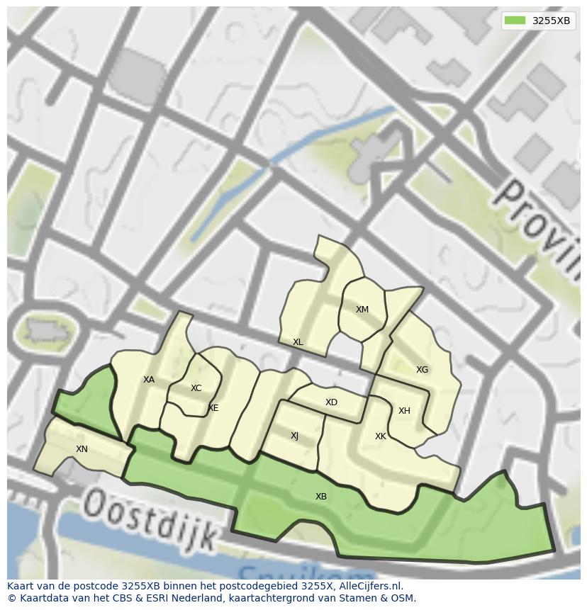 Afbeelding van het postcodegebied 3255 XB op de kaart.