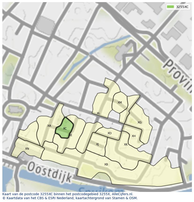 Afbeelding van het postcodegebied 3255 XC op de kaart.