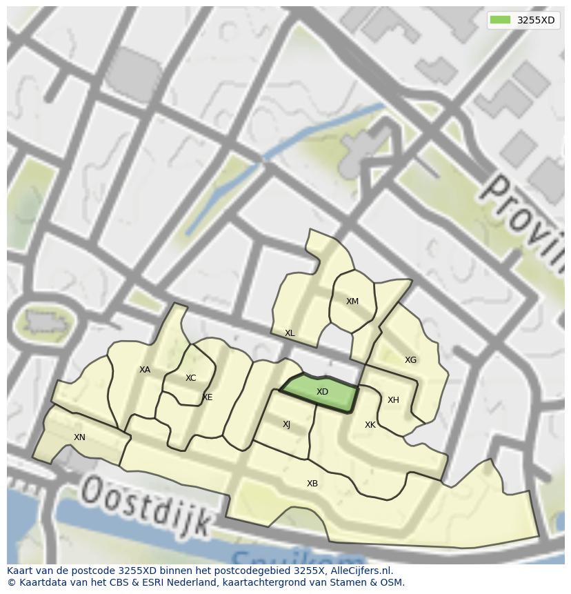 Afbeelding van het postcodegebied 3255 XD op de kaart.